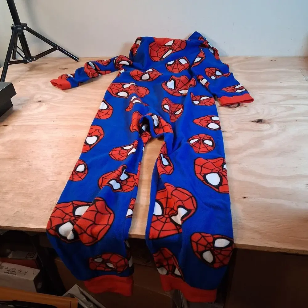 Spiderman Boys Pajamas Sz M Hooded One Piece Full Zip Sleepwear Marvel Red Blue